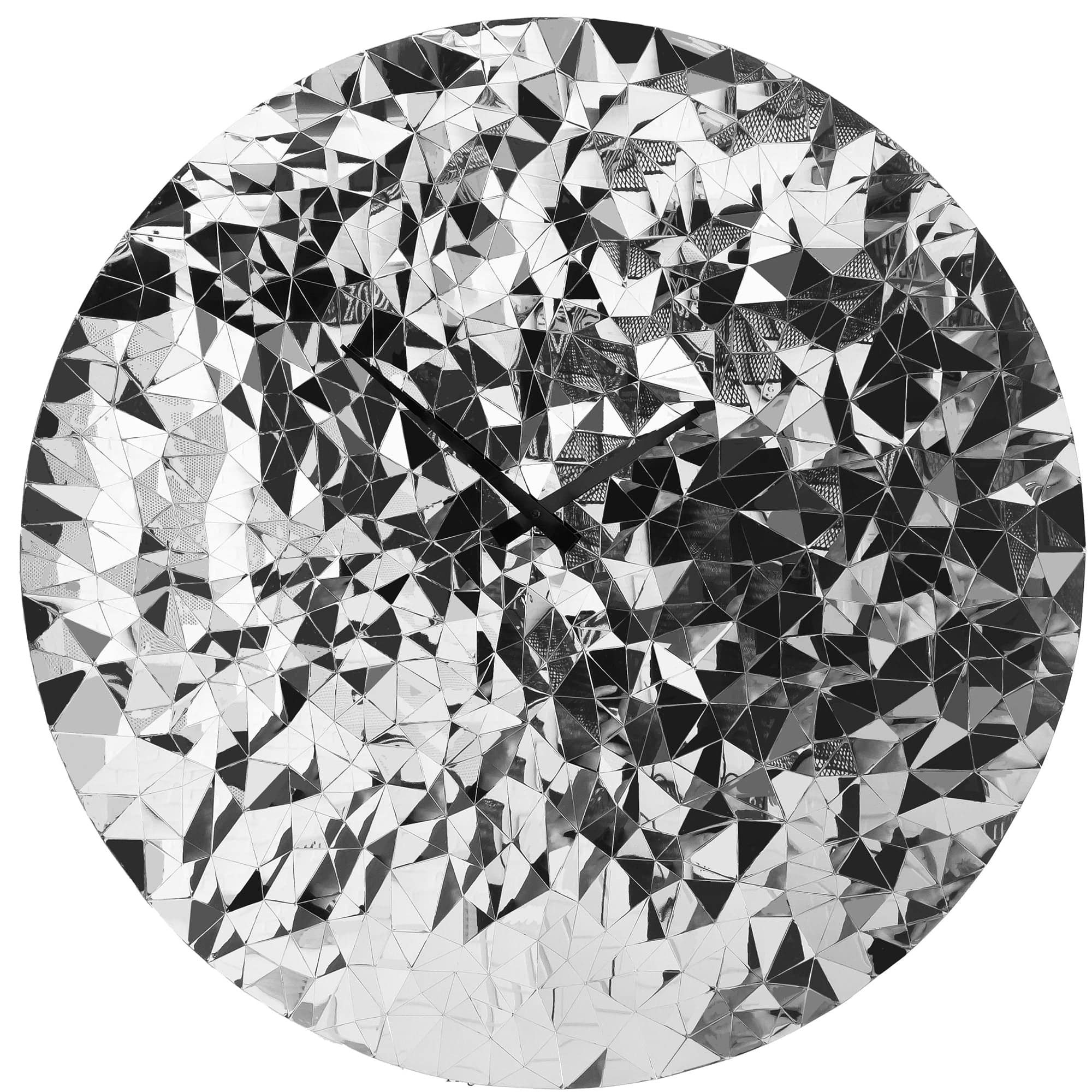 NeXtime stainless steel wall clock with chrome finish, 80cm diameter, silent movement, featuring a modern fragment design.